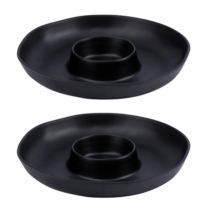 ZAROCRUS Chip & Dip Serving Set, 2 PCS Divided Cheeses Serving Platter, Relish Tray, Round Compartment Appetizer Set for Chips and Dip, Veggies, Candy and Snacks, Black, Set of 2