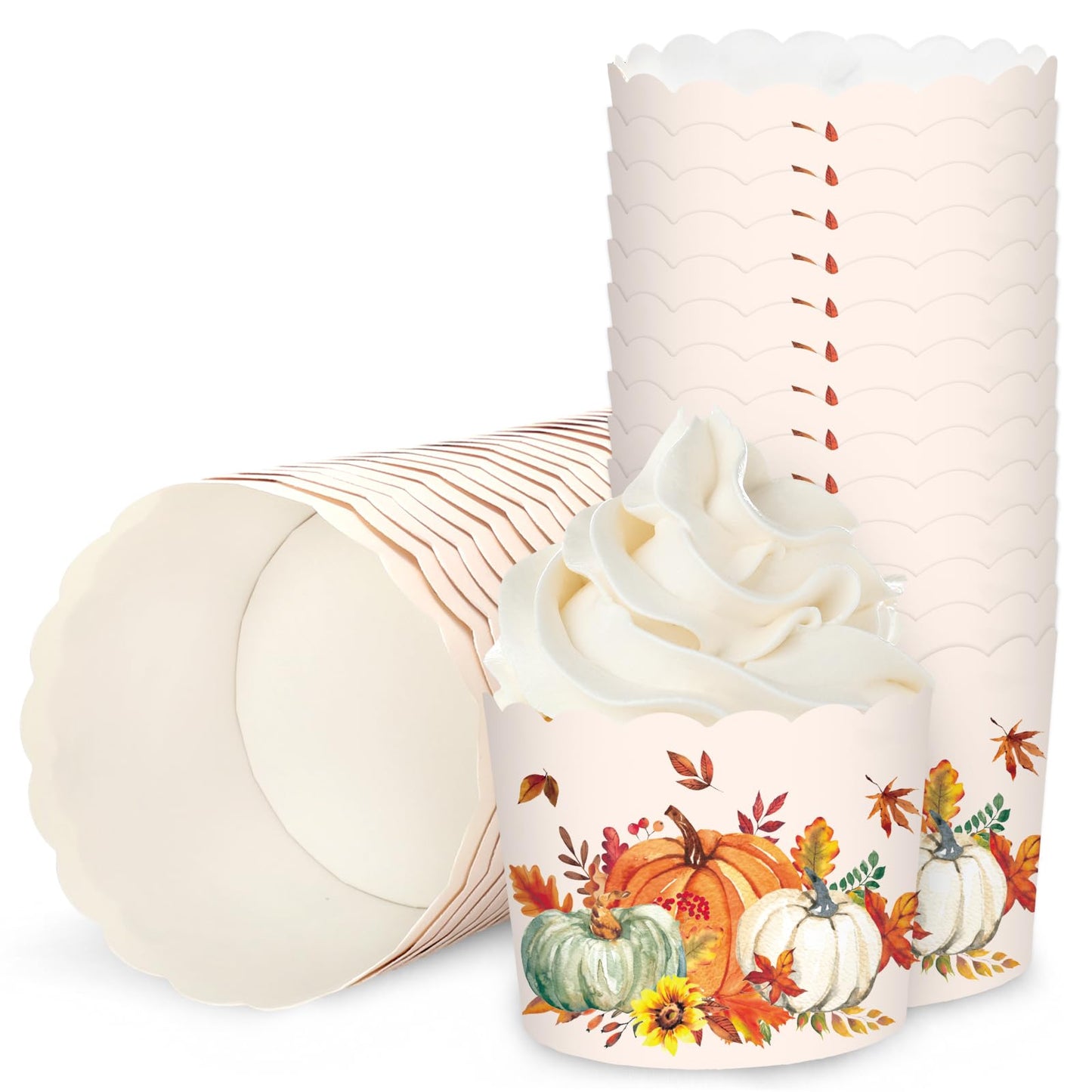 JarThenaAMCS 100 Pcs Fall Baking Cups Watercolor Orange Green White Pumpkin Maple Leaf Wrappers Cupcake Muffin Cases for Thanksgiving Autumn Party