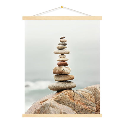 FZDTBHI Tall Zen Rock Stack Wall Art Minimalist Coastal Canvas Poster with Balanced Stones and Misty Horizon for Meditation Focus or Yoga Studio Decor 12x16inch Framed