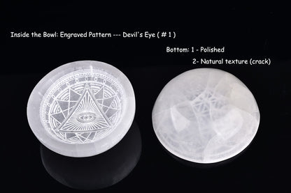 AMOYSTONE 4" Round Selenite Stone Bowl Dish Hand Carved Demon Eye #1 Crystal Charging Station Healing Bowl