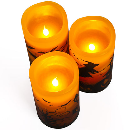 Hbaushun Halloween Flameless Candles 3 Pack with 6 Hour Timer,Battery Operated Real Wax LED Pillar Flickering Candles Warm Light with Castle, Witch, Bats Decal Halloween Decorations Candles
