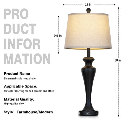 luxeflow 30 Inch Black Table Lamp Single, 3-Way Dimmable Touch Control Living Room Lamps with USB A+C Ports and AC Outlet, Tall Bedside Lamps for Nightstand, Modern Metal Bedroom Lamp, Bulb Included