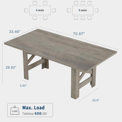 Garvee Wood Farmhouse Dining Table for 6-8, Heavy Duty Large Kitchen Table, 70.87" Long Rectangular Dining Room Tables with Strong Legs, Thickness Tabletop, for Big Family, Dinette, Rustic Gray