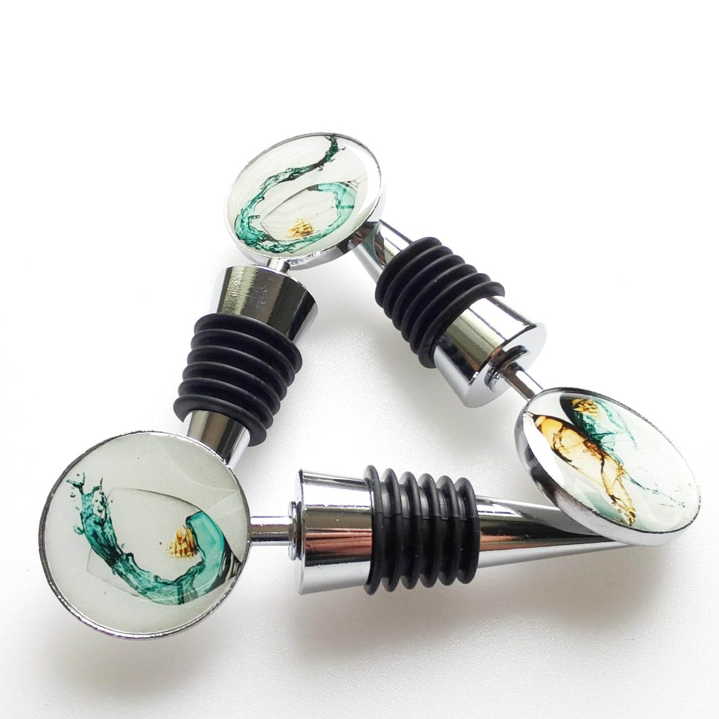 Lockban Wine Bottle Stoppers, Set of 3 Stainless Steel Wine Stoppers with Decorative Art Glass, Wine and Beverage Bottle Corks for Gifts, Bar, Wedding, Holiday Party (Green)