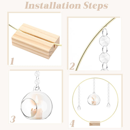 Leinuosen 6 Pack 12'' Metal Floral Hoop Centerpieces Set with Wooden Stand, Hanging Candle Holder, Acrylic Crystal Pendant Garland Crystal Garland String, for DIY Wedding Party Tabletop Decoration