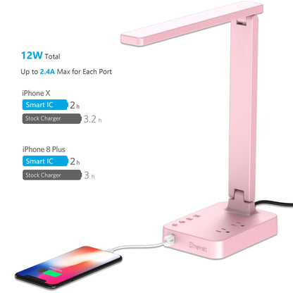 Drevet LED Desk Lamp, Desk Light with 1 USB Charging Port and 2 AC Power Outlet, 3 Lighting Modes, 3 Level Brightness,1H Timer, Touch Control, Eye-Caring Home Office Foldable Table Lamp (Pink)