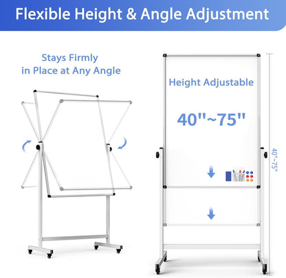 Rolling Whiteboard on Wheels, Double-Sided Magnetic Dry Erase Board with Stand, Mobile White Board for Office, Classroom, Home (28" x 40")