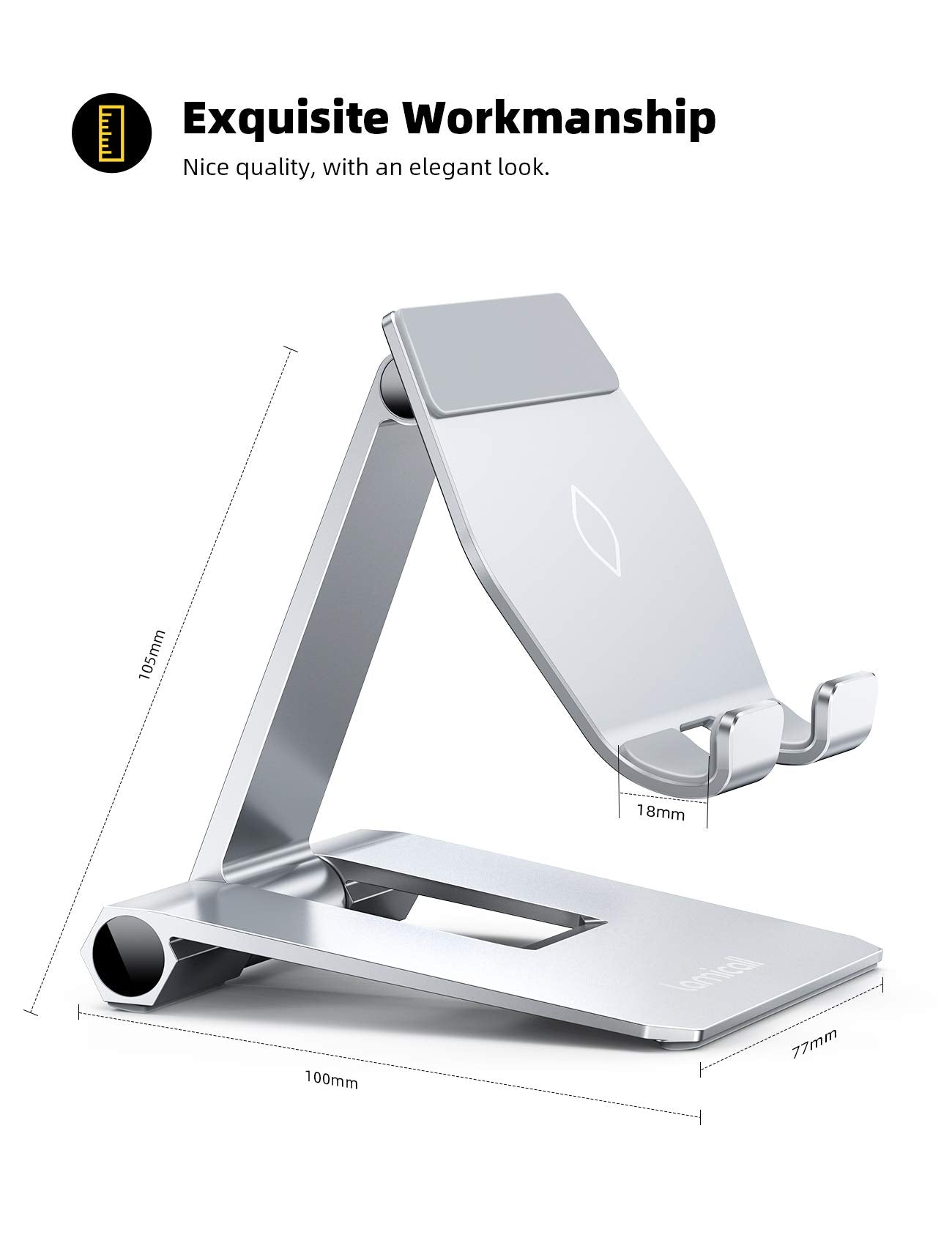 Lamicall Aluminum Metal Adjustable Cell Phone Stand Desk - Heavy Duty Metal Foldable Desktop Phone Holder, Cradle, Dock, for iPhone 16 15 14, Plus, Pro, Pro Max, 13 12 X XS,4-11'' Phone Sliver