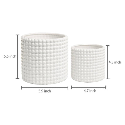 MyGift 6 Inch Ceramic Round Planter Pot, Set of 2 Vintage-Style White Ceramic Flower Pots, Indoor Hobnail Textured Cylindrical Succulent Plant Containers