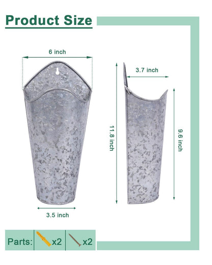 vensovo 12 Inches Galvanized Wall Planters - 2 Packs Metal Tin Vases for Flowers Indoors, Farmhouse Hanging Planter Tall Flower Holder for Country Decor Outdoors, Silver