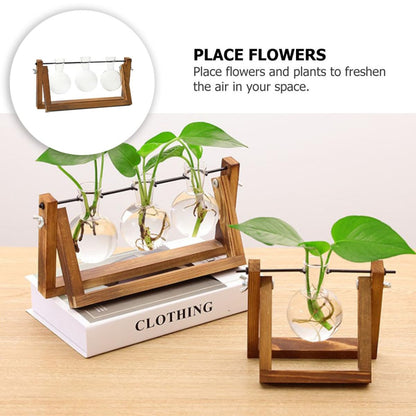 Cabilock Glass Hydroponic Vase Planter with Wooden Stand, Desktop Decorative Green Plant Container for Home and Office Flower Arrangement