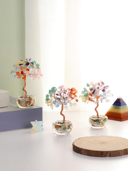 Jovivi Small 7 Chakra Crystals Tree, Natural Crystal Healing Stones Tree Glass Bowl Base Gemstone Money Trees Feng Shui Good Luck Home Desk Decor