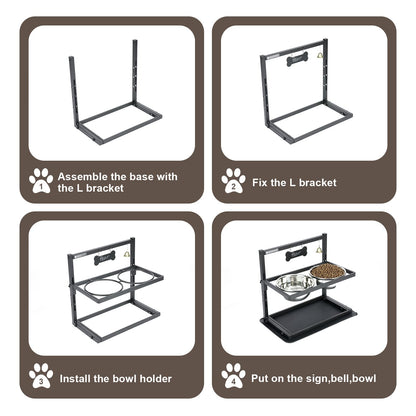 Elevated Slow Feeder Bowls for Large Dogs - Adjustable Height, 2 Stainless Steel Bowls, Spill-Proof Mat - Great for Medium Dogs Too (Black)