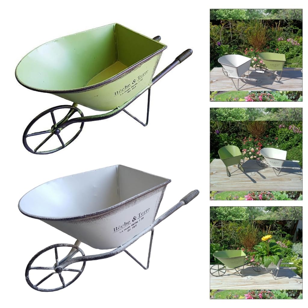 YUSHTPO Classical Iron Art Single Wheel Cart for Garden Decors Metal Wheelbarrow Small Planter Flower Pots Plant
