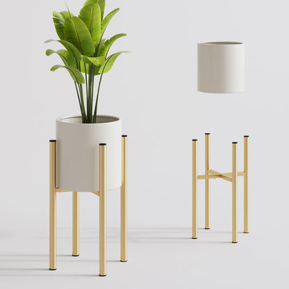 Rioneta Metal Plant Pot with Adjustable Stand, Mid Century Modern Planter Holder Capacity of 160LB for 8 to 14 Inch, Living Room Garden Bedroom Office Indoor Outdoor Beige & Golden