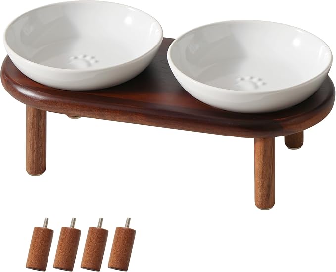 Havniva Elevated Cat Bowls Raised Ceramic Cat Bowl, 5.7” Wide Opening Cat Food Bowl Whisker Friendly Cat Dish Anti-Slip with Wood Stand, Shallow Pet Food & Water Bowl for Indoor Cats