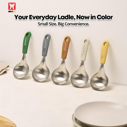 Short Stainless Steel Ladle 220mm (8.6”) – SUS304 Thick Deep Bowl Head with Soft-Grip Silicone Handle – Lightweight Mini Soup & Serving Spoon for Cooking – 5 Color Options (Ivory)