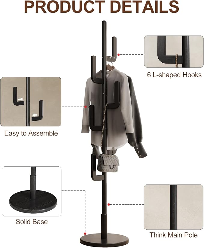 Muwuele Solid Wood Cactus Coat Rack, Freestanding Coat Rack With 6 L-Shaped Hooks and 3 Adjustable Sizes, Coat Tree for Bedroom, Entryway, Livingroom, Coat Hanger Stand for Coats, Handbags (Black)