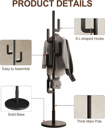 Muwuele Solid Wood Cactus Coat Rack, Freestanding Coat Rack With 6 L-Shaped Hooks and 3 Adjustable Sizes, Coat Tree for Bedroom, Entryway, Livingroom, Coat Hanger Stand for Coats, Handbags (Black)