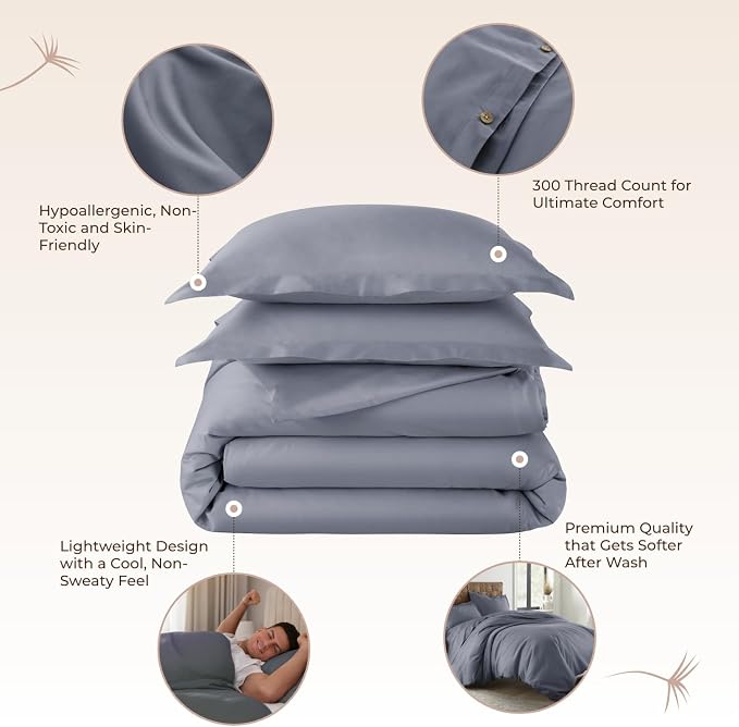 100% Organic Cotton Duvet Cover Queen Size - Naturally Soft Lightweight & Cooling Duvet Cover Set with Decorative Shams - Premium GOTS Certified 300 Thread Count Sateen Weave (Mineral, Queen)