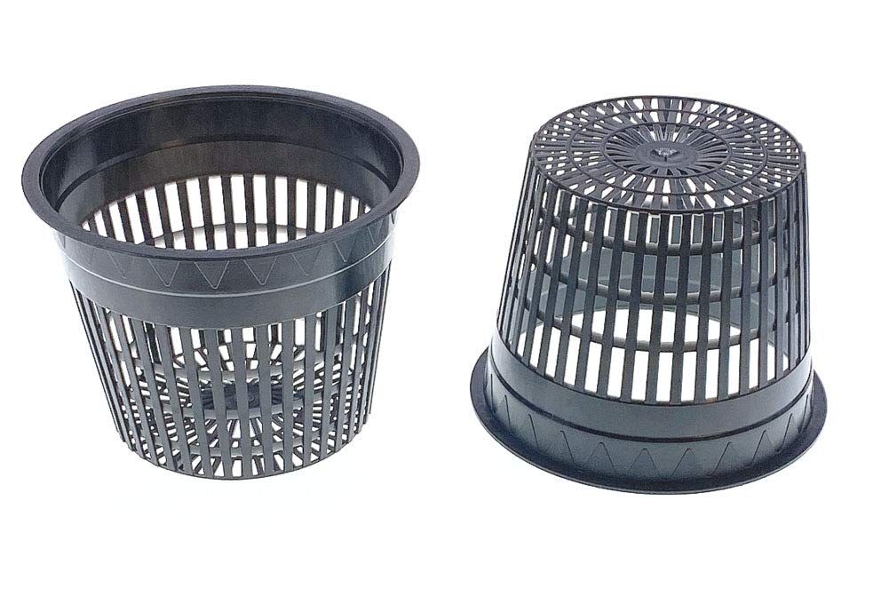 HORTIPOTS 5 Inch Net Pots Raised Center Bottom Mesh Side Round Cup with Free Reflective Top Lids (Pack of 50)