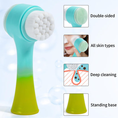Face Brush 2 in 1, Facial Cleansing Exfoliating Scrubber Brush, Silicone Double Side Manual Face Wash Scrub Brush with Soft Bamboo Charcoal Fiber for Deep Pore Cleansing, Massaging, Skin Care