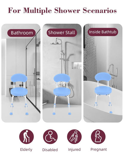 Fvzzin Swivel Shower Chair with Back, 360° Height Adjustable Shower Stool, Compact Space-Saving Design for Small Showers, Non-Slip Bathroom Chair for Seniors & Elderly (Blue)