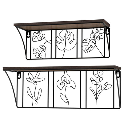 QUTREY Plant Wall Art Floating Shelves Set of 2, Minimalist Metal Abstract Decor Rustic Wooden Shelf for Living Room, Bedroom, Bathroom