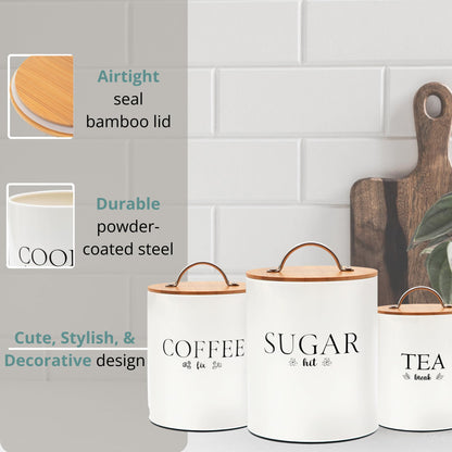 D'Lifeful Tea Coffee Sugar Canister Set - 3pc Airtight Canister Sets for Kitchen Counter - Farmhouse Containers for the Kitchen - Decorative Countertop storage with Airtight Lid for Freshness - White