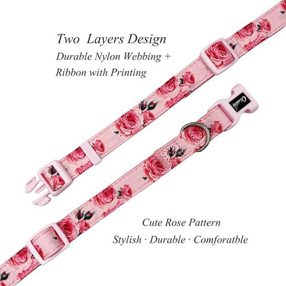 Dog Collar Leash Set, Floral Pattern, Nylon Webbing Plus Cotton Ribbon, 5ft Matching Leash, for Medium Dogs.(M, Pink Rose)