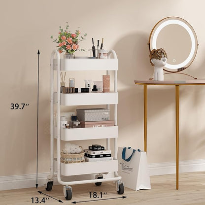 4 Tier Metal Rolling Cart with Wheels,4 Tier Utility Cart with Wheels for Office,Home,Kitchen,Garden（13.4"x18.1"x40"） White