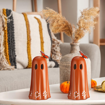 SiliFine 2 Pcs Day of The Dead Ceramic Mexican Ghost Figurine Dia De Los Muertos Terracotta Ghost Decor with Simulated Butterfly Decoration Mexican Halloween Table Decor for Home Shelf Office, 7 Inch