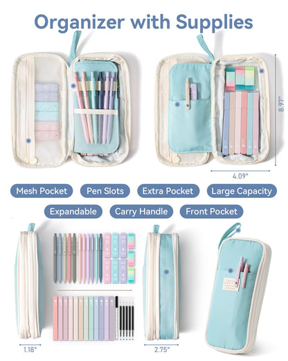 Four Candies 39 PCS Aesthetic Stationery Set with Cute Pen Case, College Supplies and Nursing Student Essentials, 12 Pastel Highlighters, 5 Black Gel Pens, 6 Mechanical Pencils, Blue