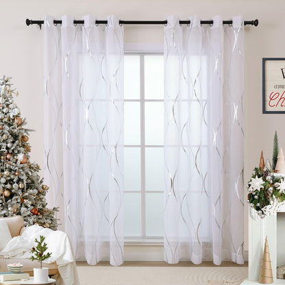 L.Z.E White and Silver Curtains for Living Room, See Through White Sheer Curtains 84 Inches Long 2 Panels Set, Grommet Transparent Window Drapes with Elegant Wave Patterns