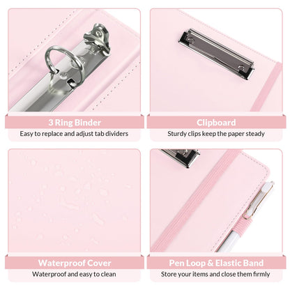 SKYDUE Small 3 Ring Binder with Clipboard, 8" × 10" PU Mini 1 Inch Binder with Notepad, 5 Dividers, and Labels, Clipboard Folder Great for School Office(Fit Half Letter Sized Paper)