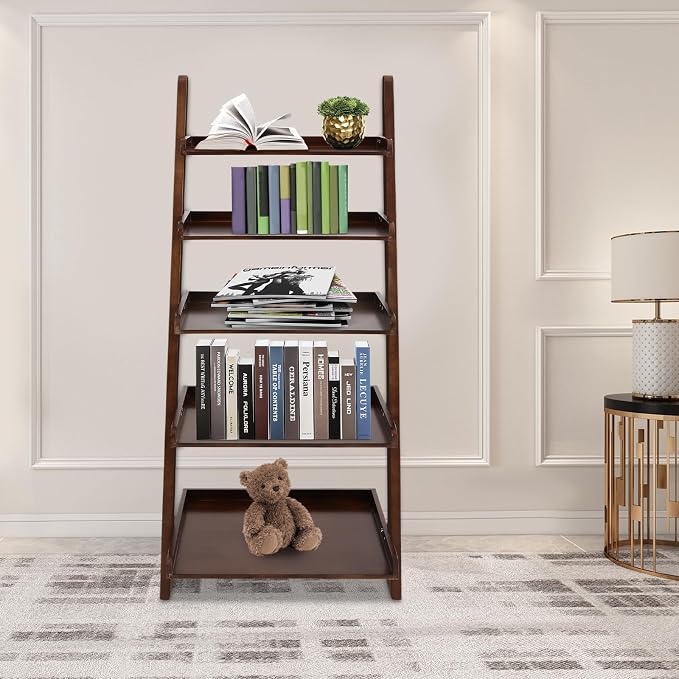 Ladder Bookshelf, 5 Tier Leaning Bookshelf Leaning Ladder Shelf with Stable Structure Rustic Style Ladder Shelves Storage Rack for Living Rooms, Bedrooms, Study Rooms (Walnut-Brown)