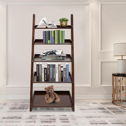 Ladder Bookshelf, 5 Tier Leaning Bookshelf Leaning Ladder Shelf with Stable Structure Rustic Style Ladder Shelves Storage Rack for Living Rooms, Bedrooms, Study Rooms (Walnut-Brown)