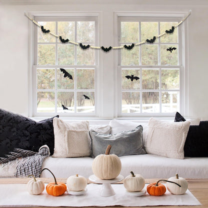 Halloween Garland Decorations, Adjustable Spooky Hanging Felt Bat Garland, Pre-Strung Aesthetic Boho Wood Beads Halloween Banner for Mantel Fireplace Home Room Indoor Farmhouse Office Wall Decor