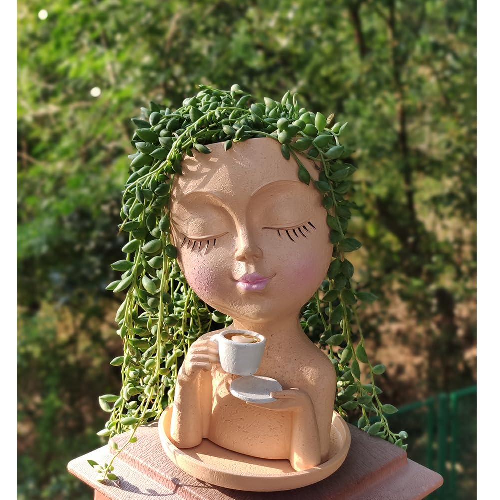 Simabsie Face Planter Pots, Resin Face Planter for Indoor/Outdoor Plants,Head Planter with Drainage Hole/Removable Saucer,Girl Holding Coffe (Coffee, Skin)