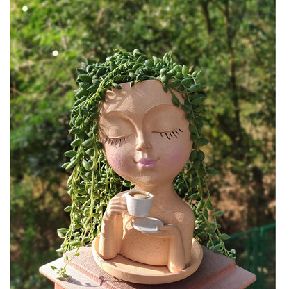 Simabsie Face Planter Pots, Resin Face Planter for Indoor/Outdoor Plants,Head Planter with Drainage Hole/Removable Saucer,Girl Holding Coffe (Coffee, Skin)