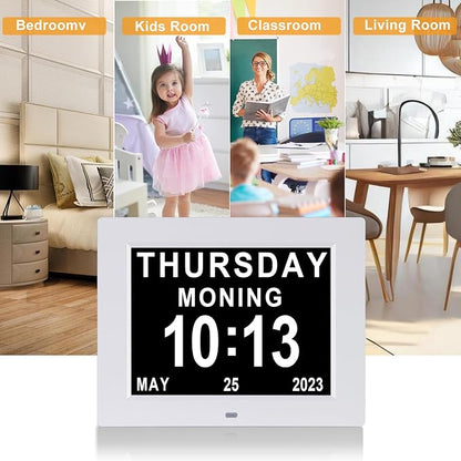 Johnziny 8 Inch Digital Clock Large Display Dementia Clocks with Day and Date for Seniors,8 Alarms Options Digital Clock,Digital Calendar with Large Number and Custom Alarms White
