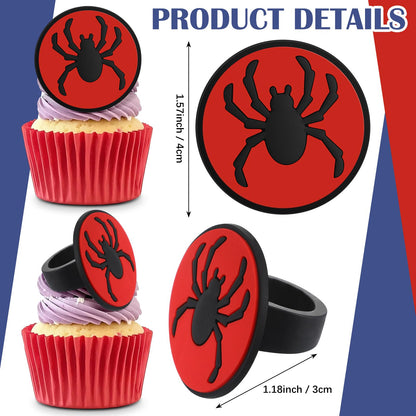 RoundFunny 48 Pcs Spider Cupcake Toppers Cake Decorations Spider Birthday Party Decoration Cupcake Dessert Rings Toppers for summer Party Gifts Classroom Prizes(Red/blue/black)