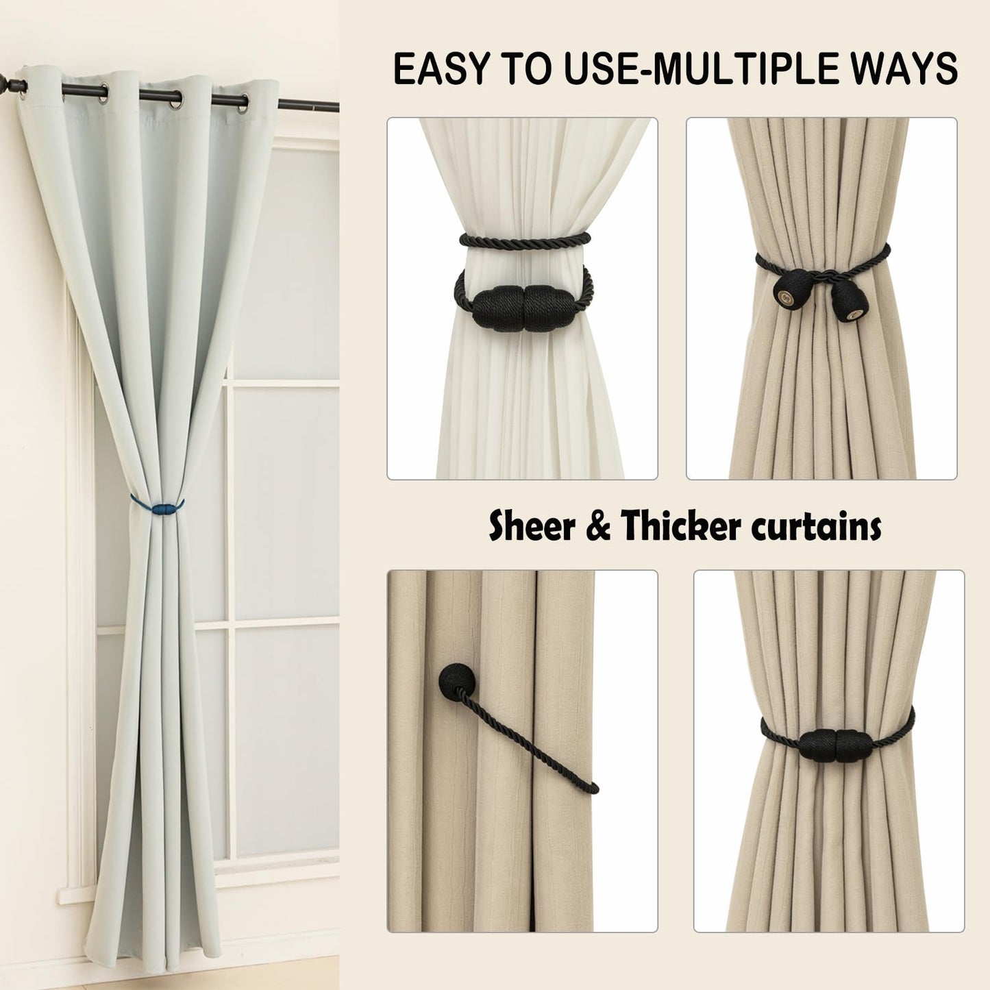 Contoeey Magnetic Curtain Tiebacks Rope Curtain Tie Backs for Curtains 8 Pack Curtain Holders for Drapes Decorative Window Curtain Holdbacks, Black