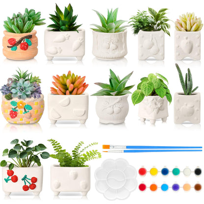 Hushee 12 Sets Ceramic Succulent Planters Paintable Succulent Plant Pots Small DIY Figurines Unpainted Pots with Drainage Hole Color Paints Paintbrushes Palettes(Fruit)