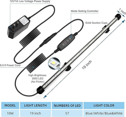 LED Submersible Aquarium Light 10W Underwater Fish Tank Light with Blue White&Blue and White Three Light Modes Timer Automatic On/Off and Dimmer Brightness Adjustable (19inch)