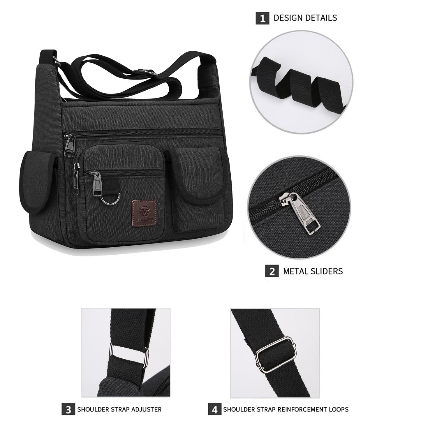 LEBULLBRO Canvas Shoulder Bag for Mens Multi-pockets 13 inch Laptop Messenger Bag Sling Bags School Crossbody Bags Travel (Black)