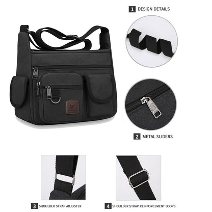 LEBULLBRO Canvas Shoulder Bag for Mens Multi-pockets 13 inch Laptop Messenger Bag Sling Bags School Crossbody Bags Travel (Black)