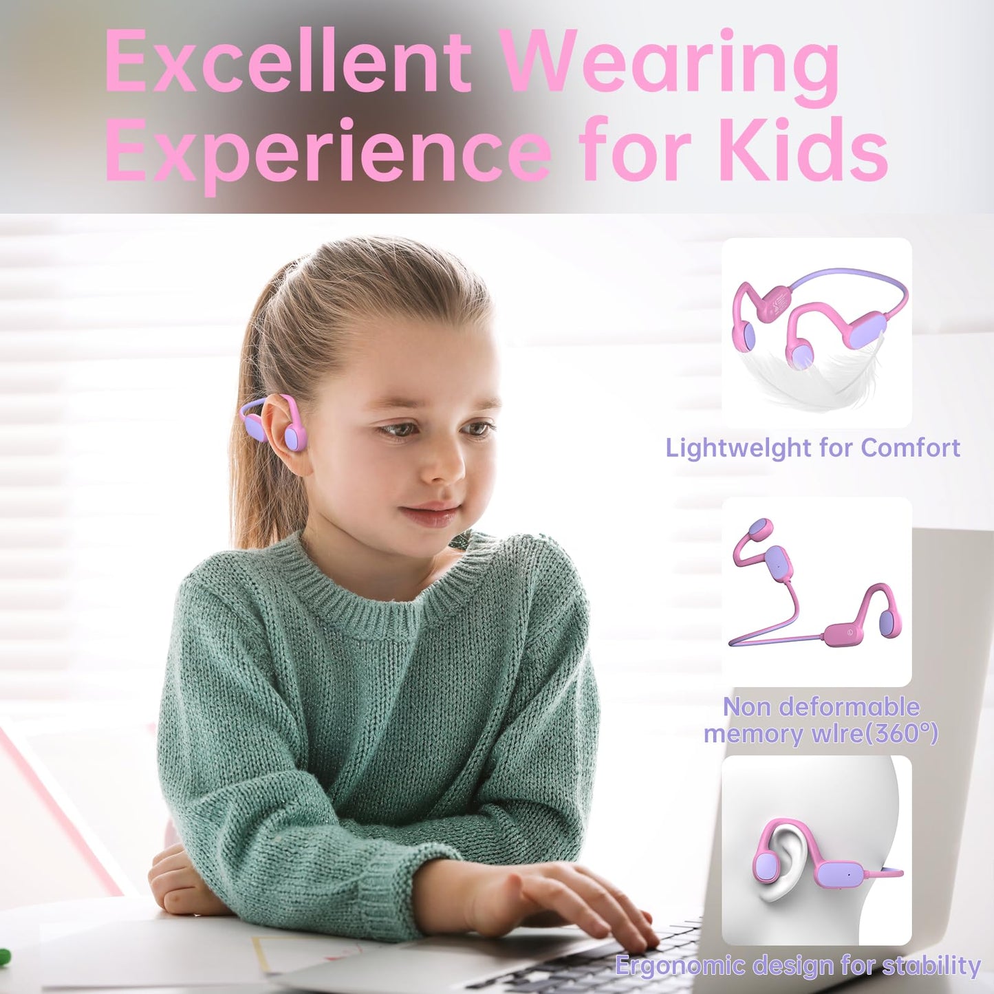 Mehomeli Kids Headphones, Bluetooth 5.2 Air Conduction Open Ear Headphones, 85dB Volume Limiting, Stereo Sound with Mic, IPX5 Waterproof, 20H Playtime, Perfect for School and Outdoor-Pink