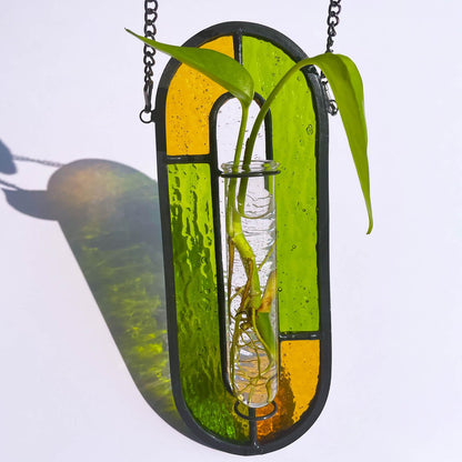 LITMIND Stained Glass Plant Propagation Station, Hanging Hydroponic Planter Terrarium with 2 Glass Tubes - Perfect for Home & Garden Décor