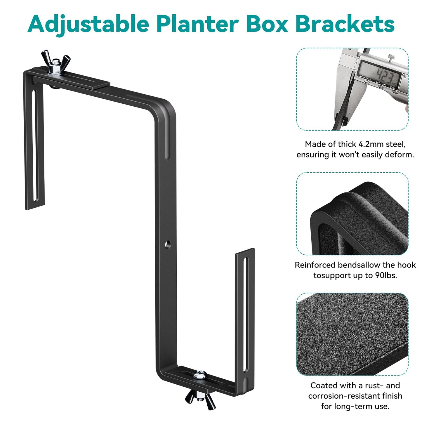 NBPUJ Adjustable Planter Box Brackets,Enhanced Bottom Support,Universal Outdoor Hanging Brackets,Flower Box Brackets for Fence Railings, Windowsill, Patio, Garden,Balcony. (Black)